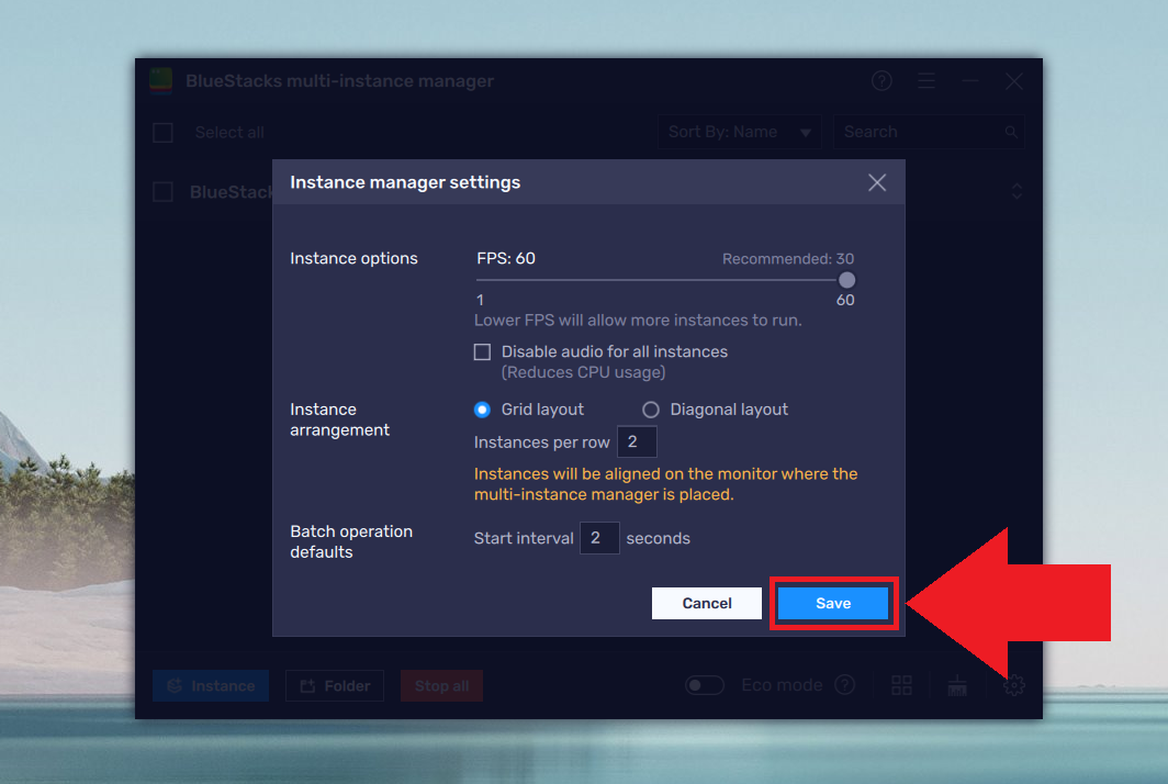 How to change settings in the multi instance manager on bluestacks 5