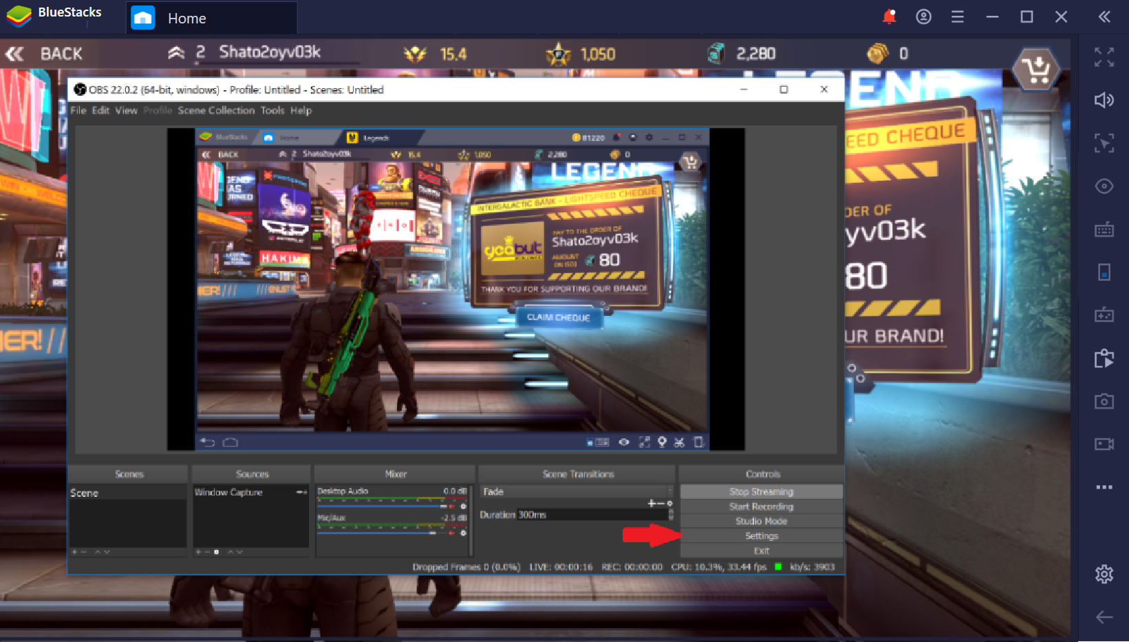bluestacks game not showing obs
