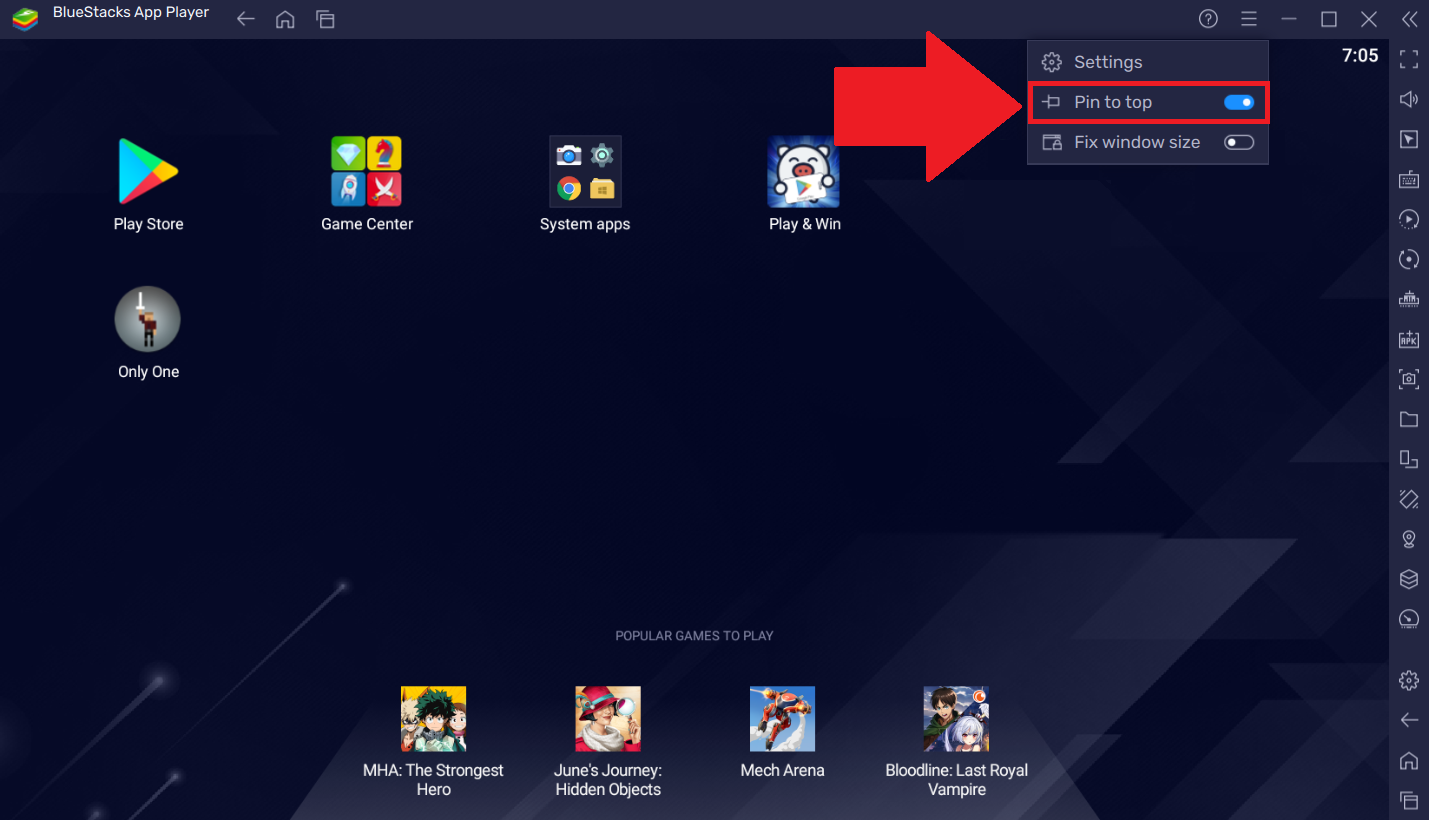 Как закрепить bluestacks поверх всех окон